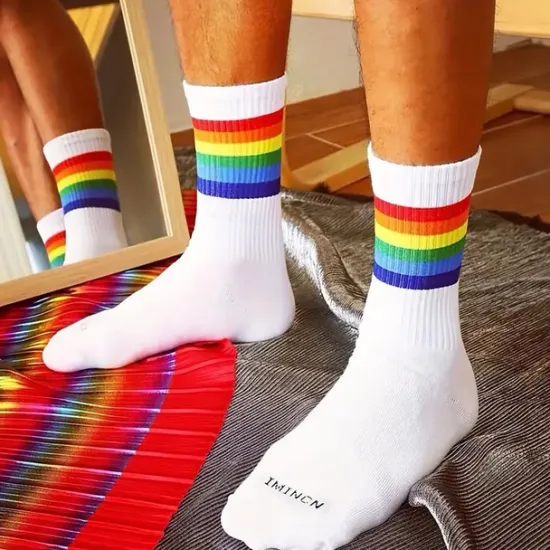 Online OUKU Men's 5 Pack Multi Packs Socks Crew Socks Running Socks Casual Socks White Red Color Rainbow Sports & Outdoor Daily Vacation Basic Medium Spring Fall Fashion Casual