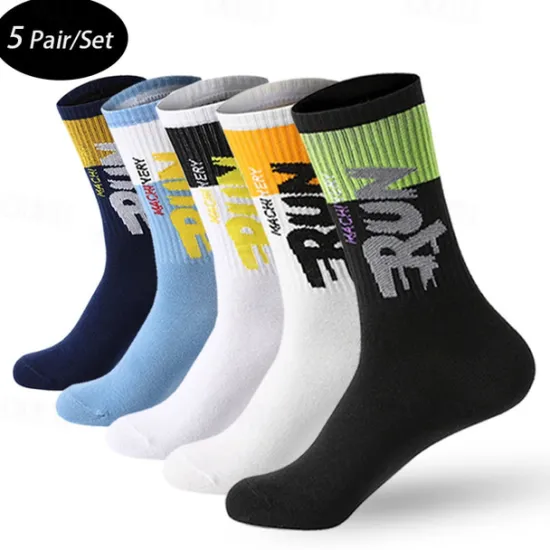 Sale OUKU Men's 5 Pairs Multi Packs Socks Crew Socks Running Socks Casual Socks Black White Color Color Block Letter Vacation Sports & Outdoor Daily Basic Medium Spring Fall Fashion Casual
