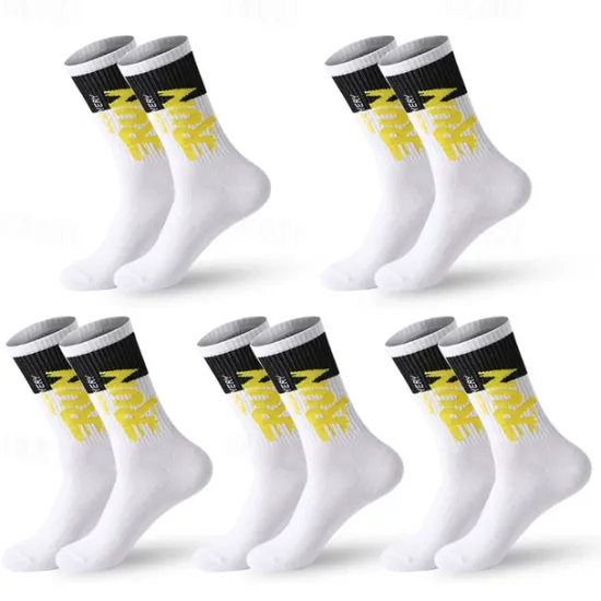 Sale OUKU Men's 5 Pairs Multi Packs Socks Crew Socks Running Socks Casual Socks Black White Color Color Block Letter Vacation Sports & Outdoor Daily Basic Medium Spring Fall Fashion Casual