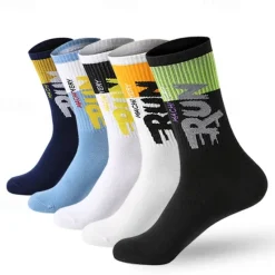 Sale OUKU Men's 5 Pairs Multi Packs Socks Crew Socks Running Socks Casual Socks Black White Color Color Block Letter Vacation Sports & Outdoor Daily Basic Medium Spring Fall Fashion Casual