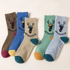 OUKU Men's 5 Pairs Multi Packs Socks Crew Socks Casual Socks Christmas Socks Color Reindeer Christmas Daily Vacation Medium Spring Fall Fashion Casual Rainbow