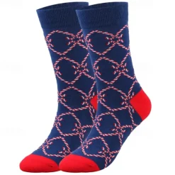 Sale OUKU Men's 5 Pairs Multi Packs Socks Crew Socks Casual Socks Christmas Socks Red Navy Blue Color Christmas Tree Christmas Daily Vacation Medium Fall Winter Fashion Casual