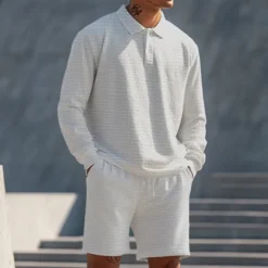 OUKU Men's 2 Piece Polo Shirts Zip Polo Polo Set Long Sleeve Short Pant Polo Collar Half Zip Summer Spring Fall Color Block Classic Gymnatics Casual 2 Piece Vacation Daily Wear Activewear Black White Gray