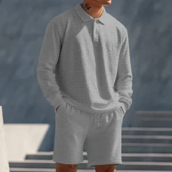 OUKU Men's 2 Piece Polo Shirts Zip Polo Polo Set Long Sleeve Short Pant Polo Collar Half Zip Summer Spring Fall Color Block Classic Gymnatics Casual 2 Piece Vacation Daily Wear Activewear Black White Gray