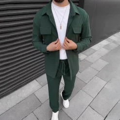 Online OUKU Men's 2 Piece Shirt Set Matching Sets Casual Shirt Corduroy Shirt Button Up Shirt Black Brown Green khaki Gray Long Sleeve Plain Collar Street Daily Clothing Apparel Fashion Casual