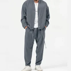 New OUKU Men's 2 Piece Shirt Set Matching Sets Casual Shirt Green Light Grey Gray Long Sleeve Plain Daily Going out Clothing Apparel Fashion Casual