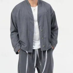New OUKU Men's 2 Piece Shirt Set Matching Sets Casual Shirt Green Light Grey Gray Long Sleeve Plain Daily Going out Clothing Apparel Fashion Casual