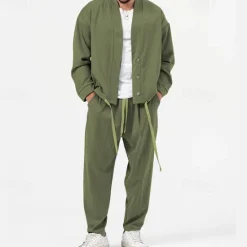New OUKU Men's 2 Piece Shirt Set Matching Sets Casual Shirt Green Light Grey Gray Long Sleeve Plain Daily Going out Clothing Apparel Fashion Casual