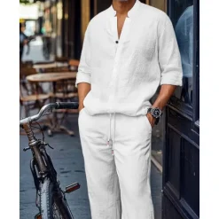 Clearance OUKU Men's 2 Piece Shirt Set Matching Sets Casual Shirt Plain Street Daily Black White Dark Gray Light Blue Long Sleeve Standing Collar Spring & Summer Clothing Apparel Front Pocket