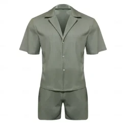Online OUKU Men's 2 Piece Shirt Set Summer Set Matching Sets Casual Shirt Corduroy Shirt khaki Gray Short Sleeve Plain Collar Vacation Daily Clothing Apparel Fashion Casual Comfortable