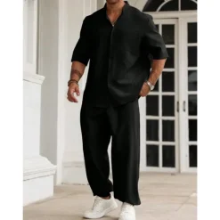 OUKU Men's 2 Piece Shirt Set Summer Set Matching Sets Casual Shirt Plain Vacation Daily Black Beige Gray Short Sleeve Collar Summer Clothing Apparel