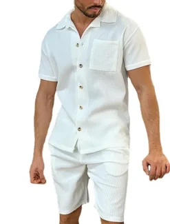 OUKU Men's 2 Piece Shirt Set Summer Shirt Button Up Shirt Casual Shirt Beach Shirt Black White Green Army Green Short Sleeve Plain Camp Collar Daily Vacation Front Pocket Clothing Apparel Fashion Casual