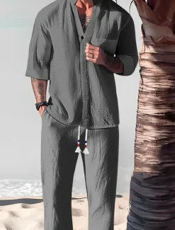 New OUKU Men's 2 Piece Shirt Set Summer Set Matching Sets Casual Shirt Black White Gray Light Blue Short Sleeve Plain Standing Collar Vacation Daily Front Pocket Clothing Apparel Cotton Cotton Blend Fashion