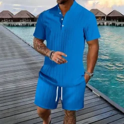 Clearance OUKU Men's 2 Piece Shirt Set Summer Set Matching Sets Casual Shirt Button Up Shirt Black White Royal Blue khaki Light Blue Short Sleeve Plain Collar Vacation Daily Clothing Apparel Fashion Casual