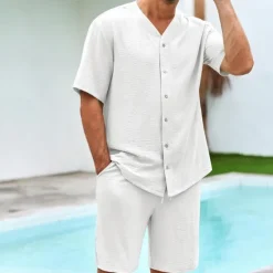 OUKU Men's 2 Piece Shirt Set Summer Set Matching Sets Casual Shirt Button Up Shirt Black White Blue Green Short Sleeve Plain Collar Vacation Daily Clothing Apparel Fashion Casual Comfortable