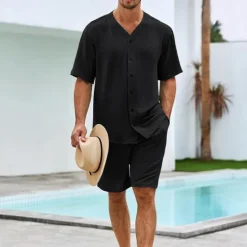 OUKU Men's 2 Piece Shirt Set Summer Set Matching Sets Casual Shirt Button Up Shirt Black White Blue Green Short Sleeve Plain Collar Vacation Daily Clothing Apparel Fashion Casual Comfortable
