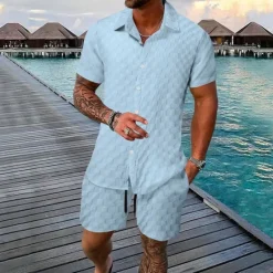 Outlet OUKU Men's 2 Piece Shirt Set Summer Set Matching Sets Casual Shirt Button Up Shirt Black White Light Green Blue Green Short Sleeve Plain Collar Vacation Daily Clothing Apparel Fashion Casual Comfortable