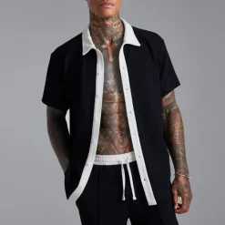 Online OUKU Men's 2 Piece Shirt Set Summer Set Matching Sets Casual Shirt Corduroy Shirt Black White Short Sleeve Color Block Collar Vacation Daily Clothing Apparel Fashion Casual Comfortable