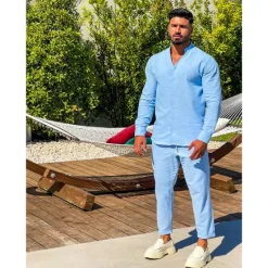 Online OUKU Men's 2 Piece Shirt Set Summer Shirt Matching Sets Beach Shirt Button Up Shirt Plain Vacation Casual Black White Navy Blue Blue Long Sleeve Collar Spring & Summer Clothing Apparel