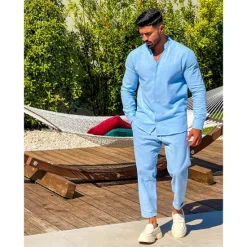 Online OUKU Men's 2 Piece Shirt Set Summer Shirt Matching Sets Beach Shirt Button Up Shirt Plain Vacation Casual Black White Navy Blue Blue Long Sleeve Collar Spring & Summer Clothing Apparel