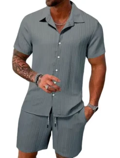 Outlet OUKU Men's 2 Piece Summer Shirt Matching Sets Beach Wear Casual Shirt Button Up Shirt Black White Pink Red Dark Navy Short Sleeve Plain Stripes / Ripples Lapel Vacation Casual Clothing Apparel Fashion