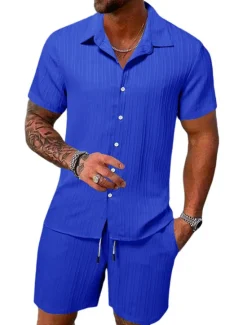 Outlet OUKU Men's 2 Piece Summer Shirt Matching Sets Beach Wear Casual Shirt Button Up Shirt Black White Pink Red Dark Navy Short Sleeve Plain Stripes / Ripples Lapel Vacation Casual Clothing Apparel Fashion