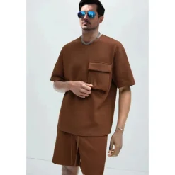 Discount OUKU Men's 2 Piece T-shirt Suits Shorts and T Shirt Set Short Sleeve Short Sleeves Crew Neck Summer Solid Color Gymnatics Casual Pocket 2 Piece Vacation Daily Wear Activewear Black White Brown Top Tee for