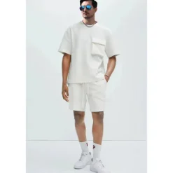 Discount OUKU Men's 2 Piece T-shirt Suits Shorts and T Shirt Set Short Sleeve Short Sleeves Crew Neck Summer Solid Color Gymnatics Casual Pocket 2 Piece Vacation Daily Wear Activewear Black White Brown Top Tee for