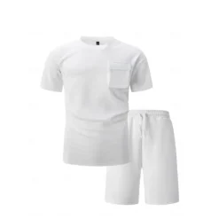 Discount OUKU Men's 2 Piece T-shirt Suits Shorts and T Shirt Set Short Sleeve Short Sleeves Crew Neck Summer Solid Color Gymnatics Casual Pocket 2 Piece Vacation Daily Wear Activewear Black White Brown Top Tee for