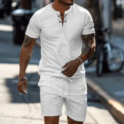 OUKU Men's 2 Piece Waffle Henley Shirt T-shirt Suits Tracksuit Short Sleeve Short Sleeves Short Pant Henley Summer Solid Color Drawing Gymnatics Casual 2 Piece Vacation Daily Wear Activewear Black White