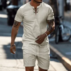 OUKU Men's 2 Piece Waffle Henley Shirt T-shirt Suits Tracksuit Short Sleeve Short Sleeves Short Pant Henley Summer Solid Color Drawing Gymnatics Casual 2 Piece Vacation Daily Wear Activewear Black White