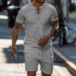 OUKU Men's 2 Piece Waffle Henley Shirt T-shirt Suits Tracksuit Short Sleeve Short Sleeves Short Pant Henley Summer Solid Color Drawing Gymnatics Casual 2 Piece Vacation Daily Wear Activewear Black White
