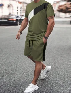 Online OUKU Men's 2 Pieces Outfits T-Shirt and Drawstring Shorts Set Short Sleeve Crewneck Summer Color Block Fashion Sport Casual 2 Piece Vacation Casual Daily Wear Black Yellow Green Top Tee for Men