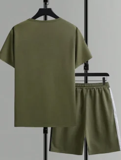 Online OUKU Men's 2 Pieces Outfits T-Shirt and Drawstring Shorts Set Short Sleeve Crewneck Summer Color Block Fashion Sport Casual 2 Piece Vacation Casual Daily Wear Black Yellow Green Top Tee for Men