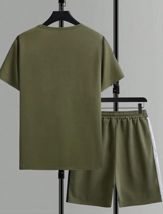 Online OUKU Men's 2 Pieces Outfits T-Shirt and Drawstring Shorts Set Short Sleeve Crewneck Summer Color Block Fashion Sport Casual 2 Piece Vacation Casual Daily Wear Black Yellow Green Top Tee for Men
