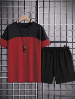Clearance OUKU Men's 2 Pieces Outfits T-Shirt and Drawstring Shorts Set Short Sleeve Crewneck Summer Color Block Fashion Sport Casual 2 Piece Vacation Casual Daily Wear Red Blue khaki Top Tee for Men