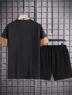 Clearance OUKU Men's 2 Pieces Outfits T-Shirt and Drawstring Shorts Set Short Sleeve Crewneck Summer Color Block Fashion Sport Casual 2 Piece Vacation Casual Daily Wear Red Blue khaki Top Tee for Men