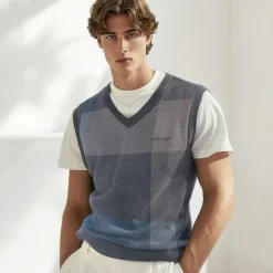 New OUKU Men's 100% Wool Sweater Vest Knit Check Pattern Plaid V Neck Knitwear Elegant School Formal Clothing Apparel Spring Fall Dark Green Light Grey S M L