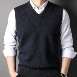 Hot OUKU Men's 100% Wool Sweater Vest Knit V Neck Stripe Reactive Print V Neck Knitwear Elegant School Performance Clothing Apparel Spring Fall Black Royal Blue S M L