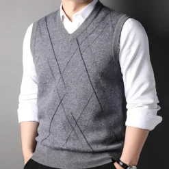 Hot OUKU Men's 100% Wool Sweater Vest Knit V Neck Stripe Reactive Print V Neck Knitwear Elegant School Performance Clothing Apparel Spring Fall Black Royal Blue S M L