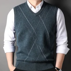 Hot OUKU Men's 100% Wool Sweater Vest Knit V Neck Stripe Reactive Print V Neck Knitwear Elegant School Performance Clothing Apparel Spring Fall Black Royal Blue S M L