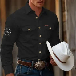 New OUKU Men's 1776 Work Shirt Western Shirt Cargo Shirt Long Sleeve Tactical Vintage Retro Sports Outdoor WorkWear Spring Fall Turndown Front Two Pockets Button Up Shirts Black White Army Green Blue Khaki