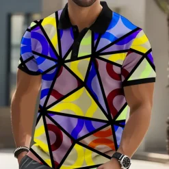 Clearance OUKU Men's Abstract Geometic Polo Short Sleeve Polo Shirts Collared Shirts Casual Athleisure Outdoor clothing Daily Wear 3D Print Buttons Summer Yellow Blue Green
