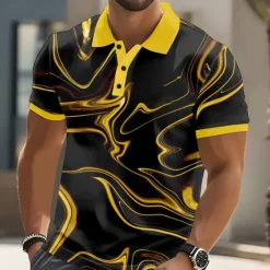 Discount OUKU Men's Abstract Geometic Polo Short Sleeve Polo Shirts Lapel Business Casual Business Athleisure Daily Wear 3D Print Buttons Summer Yellow Pink Blue
