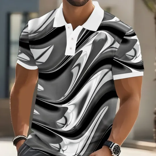 Sale OUKU Men's Abstract Geometic Polo Short Sleeve Polo Shirts Lapel Business Casual Business Athleisure 3D Print Buttons Summer Yellow Blue Purple
