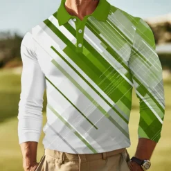 Hot OUKU Men's Abstract Geometic Polo Long Sleeve Polo Shirts Lapel Business Casual Outdoor Athleisure Daily Wear 3D Print Buttons Spring Fall Winter Blue Green Dark Blue