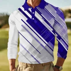 Hot OUKU Men's Abstract Geometic Polo Long Sleeve Polo Shirts Lapel Business Casual Outdoor Athleisure Daily Wear 3D Print Buttons Spring Fall Winter Blue Green Dark Blue