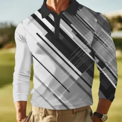 Hot OUKU Men's Abstract Geometic Polo Long Sleeve Polo Shirts Lapel Business Casual Outdoor Athleisure Daily Wear 3D Print Buttons Spring Fall Winter Blue Green Dark Blue