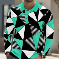 Discount OUKU Men's Abstract Geometic Polo Long Sleeve Polo Shirts Lapel Casual Athleisure Daily Wear 3D Print Buttons Spring Fall Winter Red Blue Orange