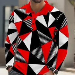Discount OUKU Men's Abstract Geometic Polo Long Sleeve Polo Shirts Lapel Casual Athleisure Daily Wear 3D Print Buttons Spring Fall Winter Red Blue Orange